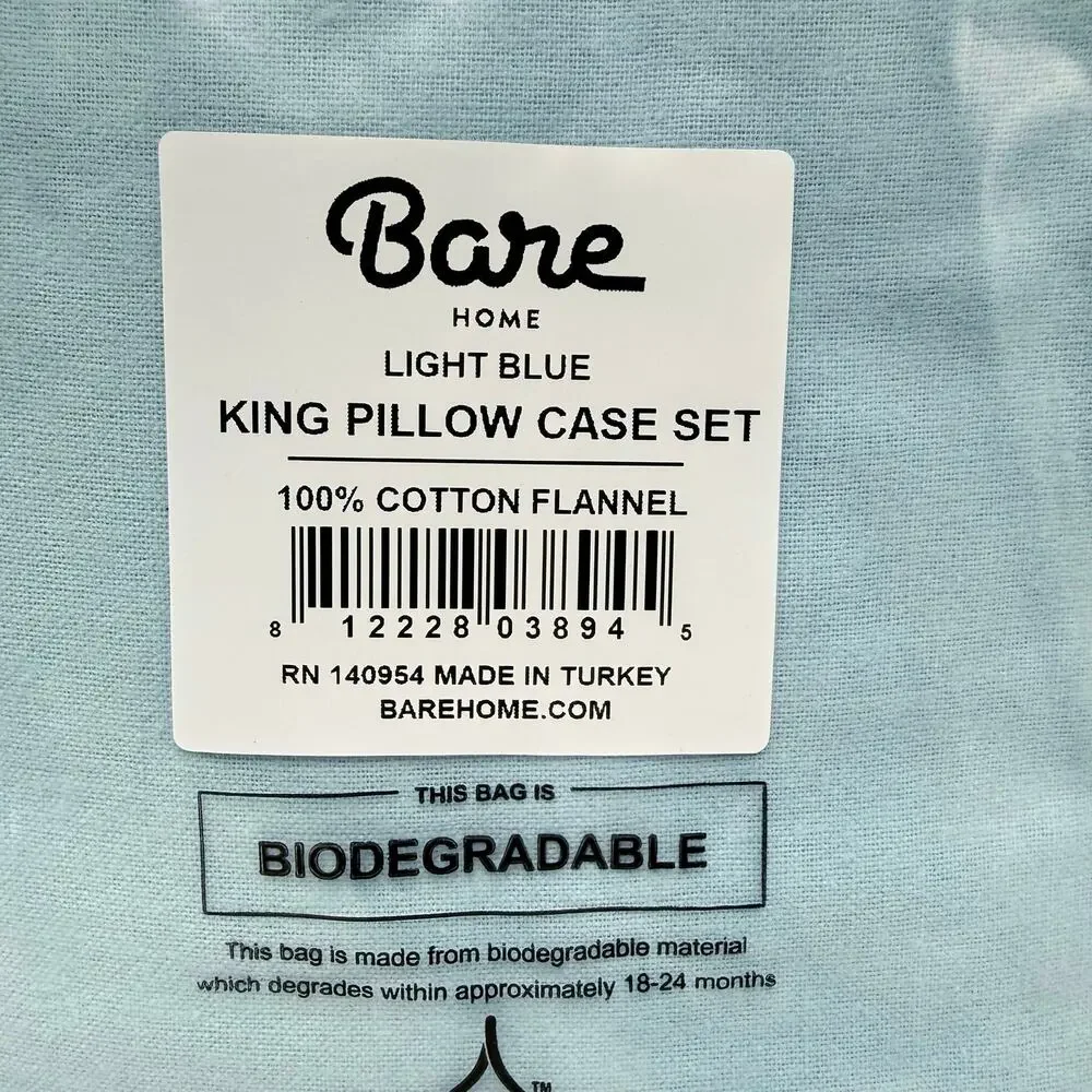 Bare Home King Pillowcases Set 2 Light Blue 100% Cotton Flannel Made in Turkey